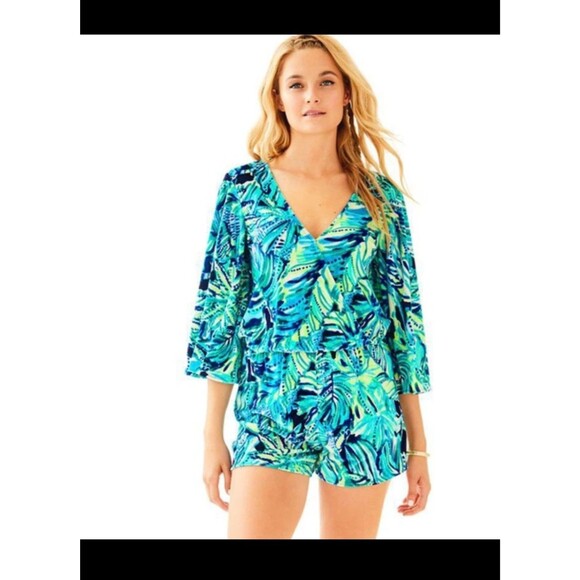 Lilly Pulitzer Medium Viviana Velour Romper Green Blue V-Neck Tropical Beach - Picture 2 of 4